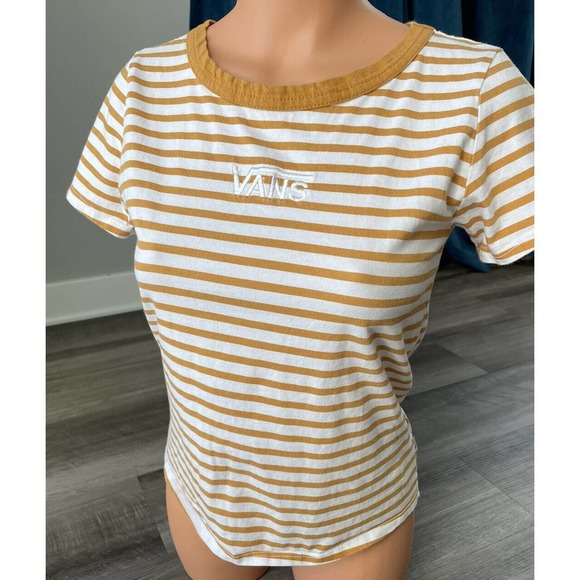Vans Womens Baby Tee Gold White Striped Shirt Size M Embroidered Logo M14 - Picture 1 of 4